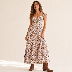 Romantic Floral Maxi Dress M Puff Sleeve Cottagecore Summer Milkmaid
